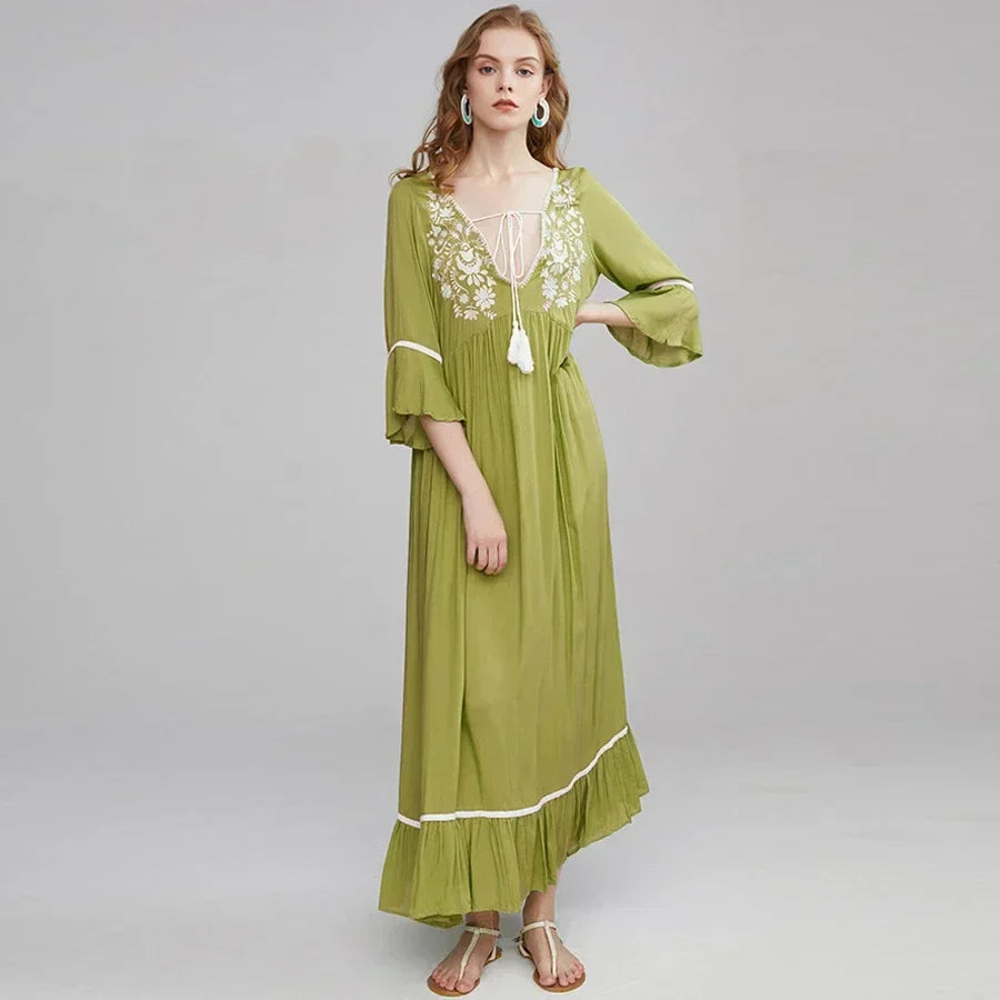 Cotton Rayon Boho Dress Green / S bohodress-250126