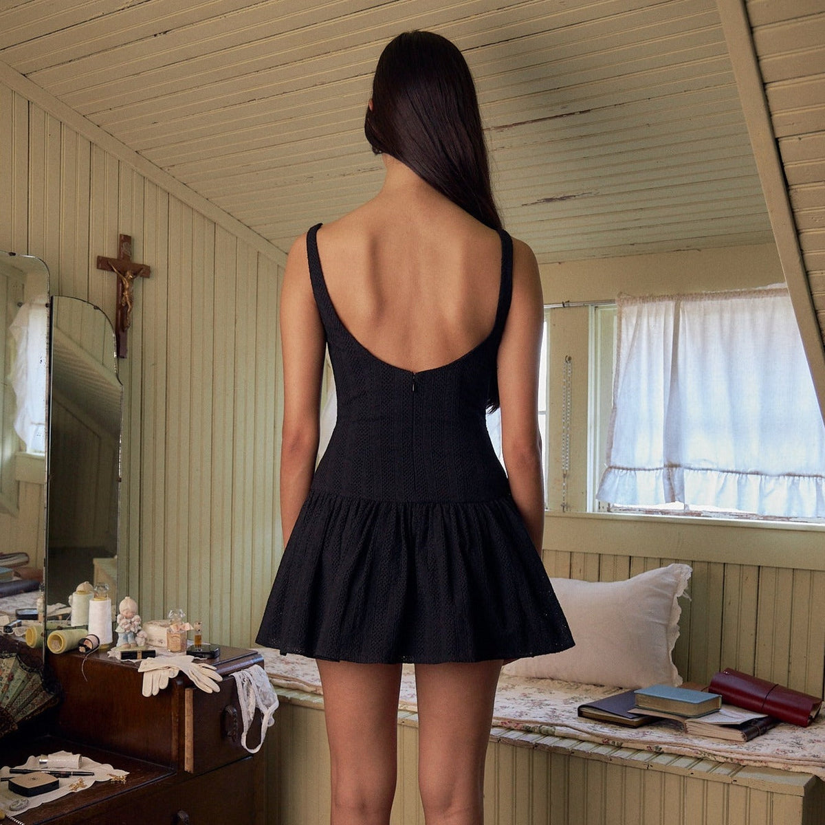 Collared Button Front Drop Waist Pleated Mini Dress