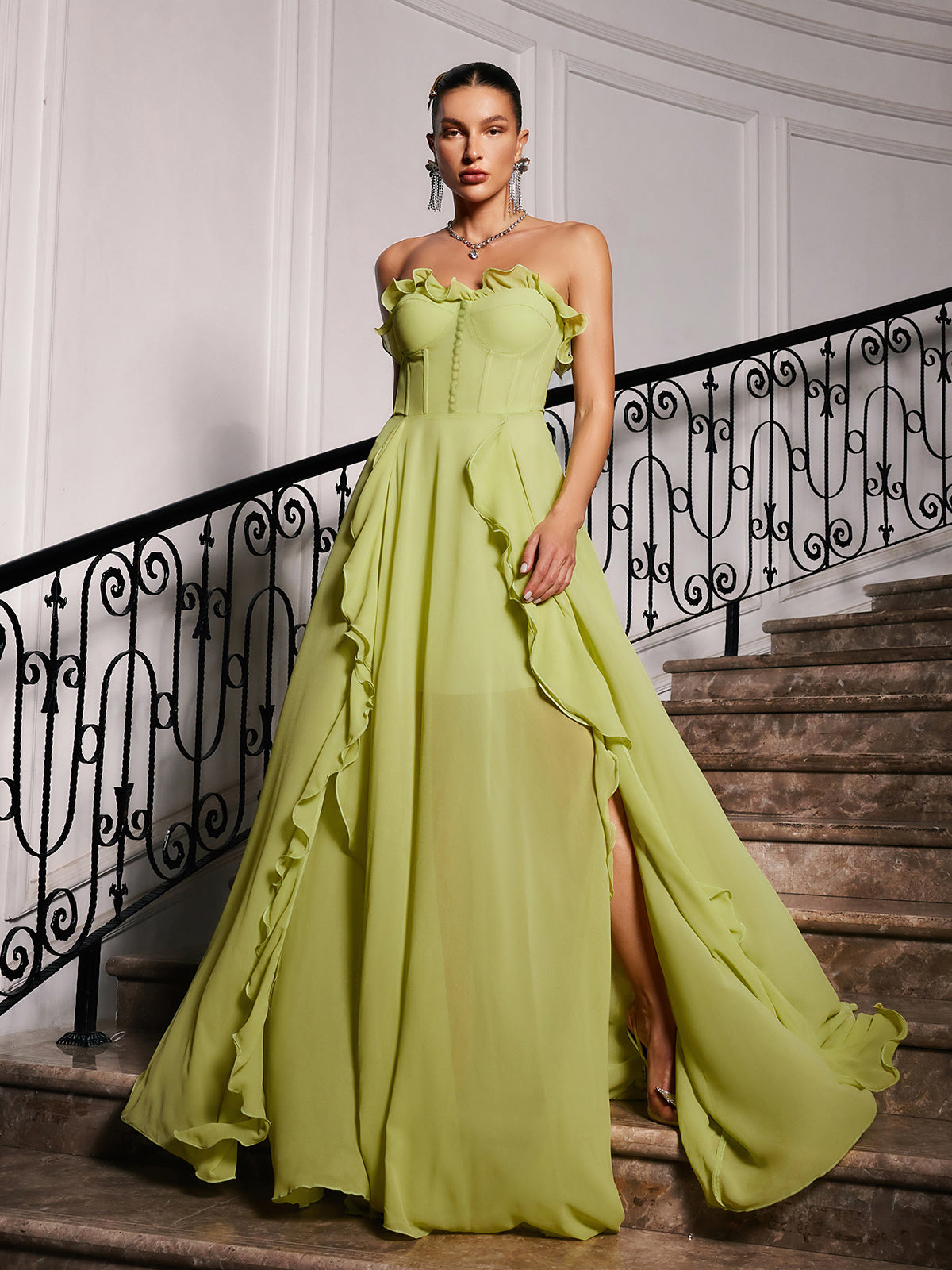 Strapless Ruched Mesh Maxi Dress