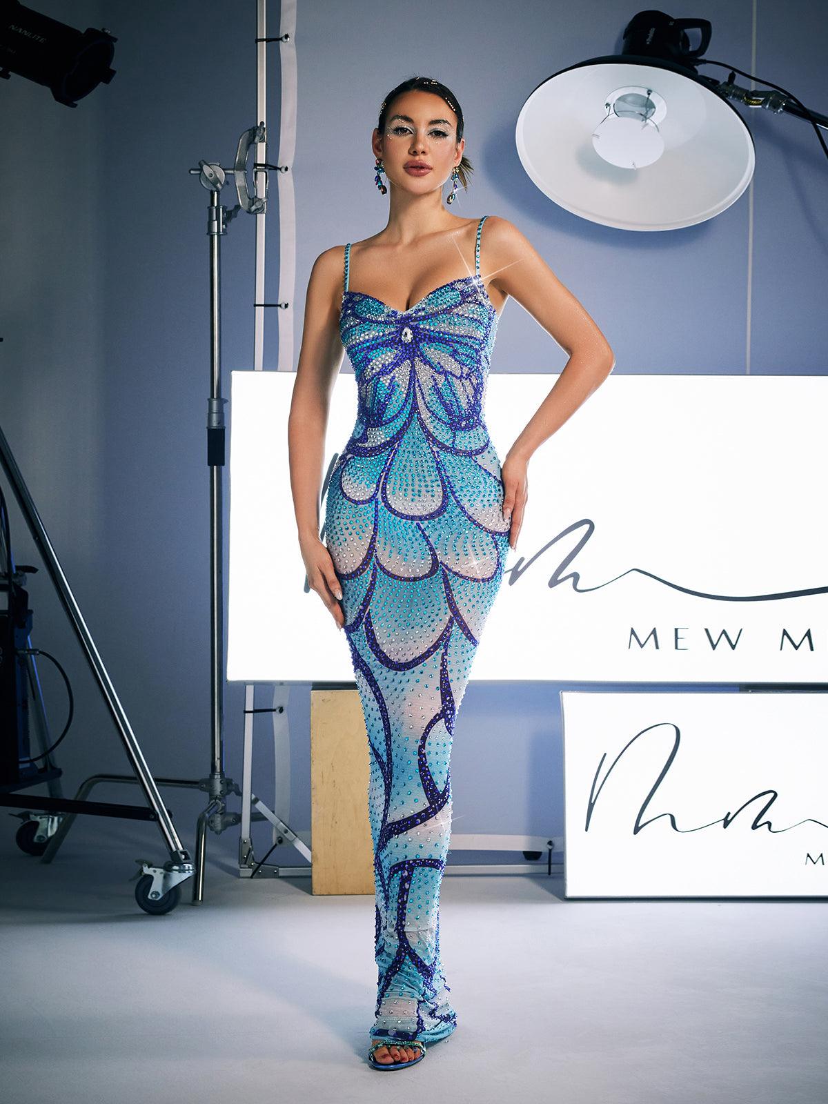 Spaghetti Print Crystal Maxi Dress