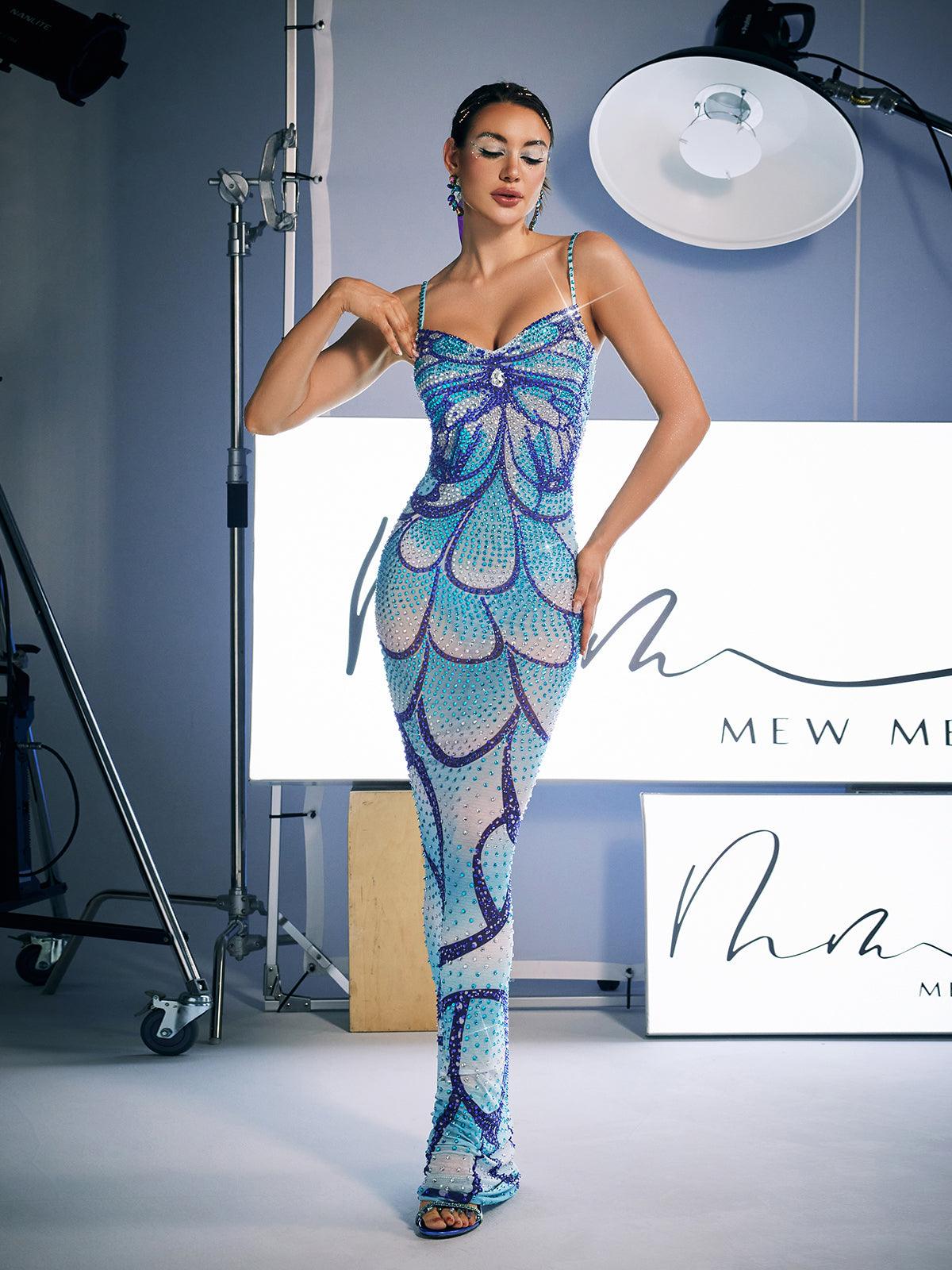 Spaghetti Print Crystal Maxi Dress