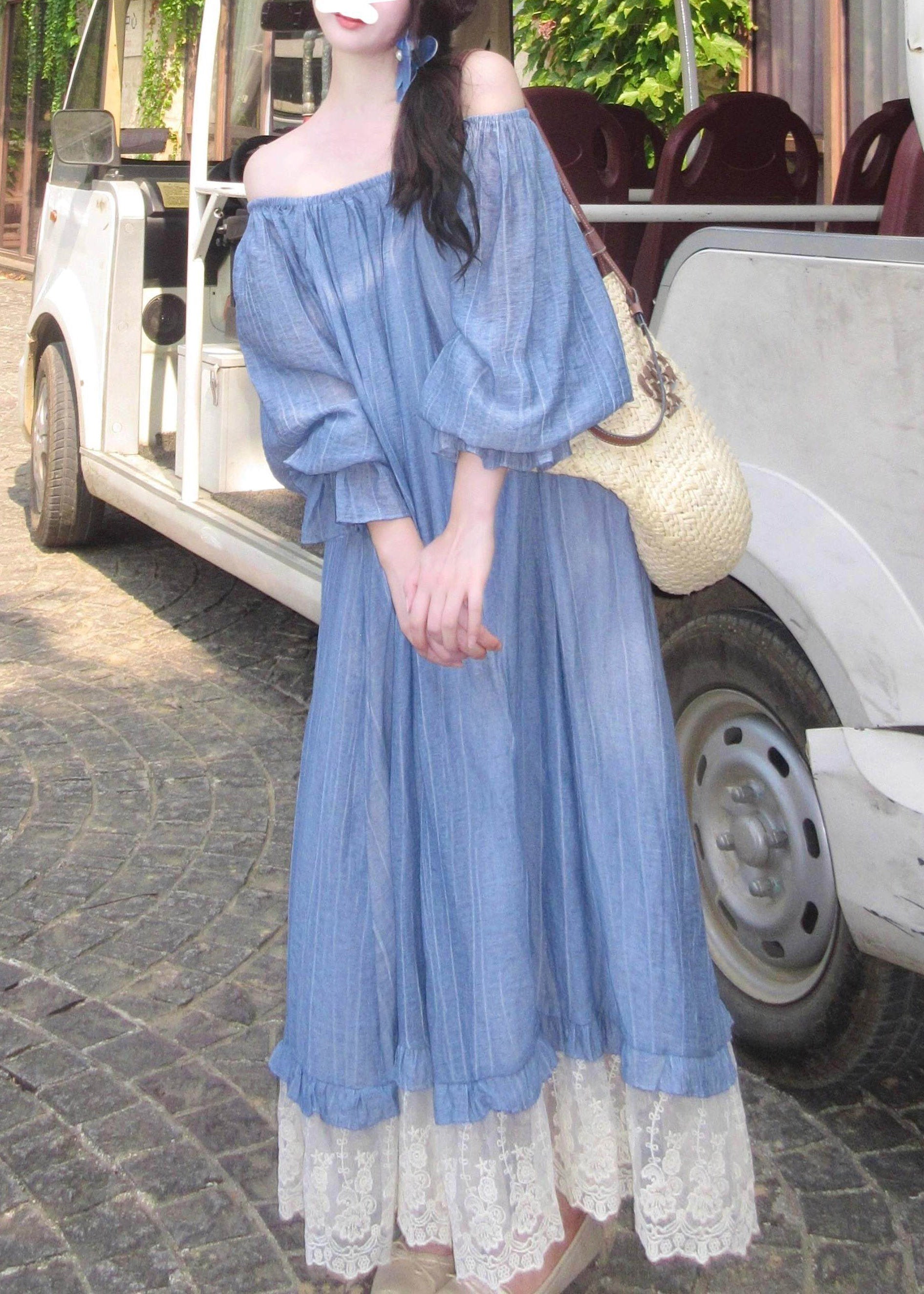 Cute Blue Slash Neck Patchwork Long Dress Fall