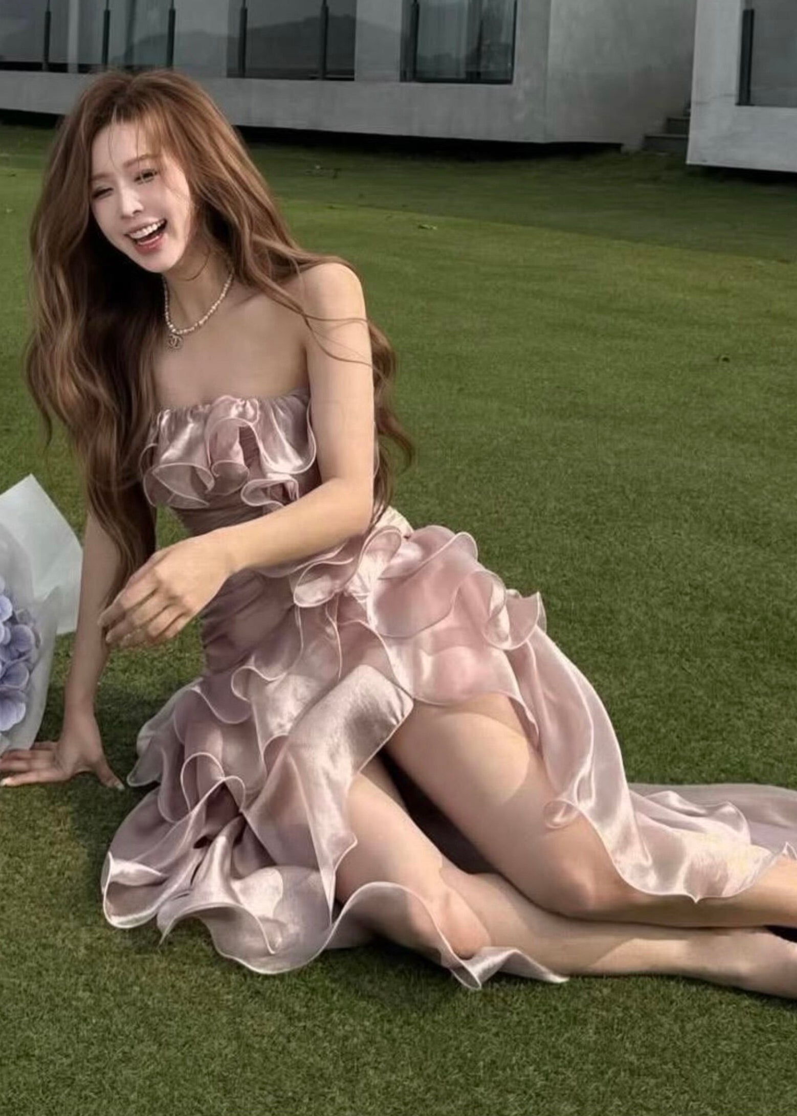 Cute Pink Asymmetrical Ruffled Patchwork Satin Long Dresses Sleeveless