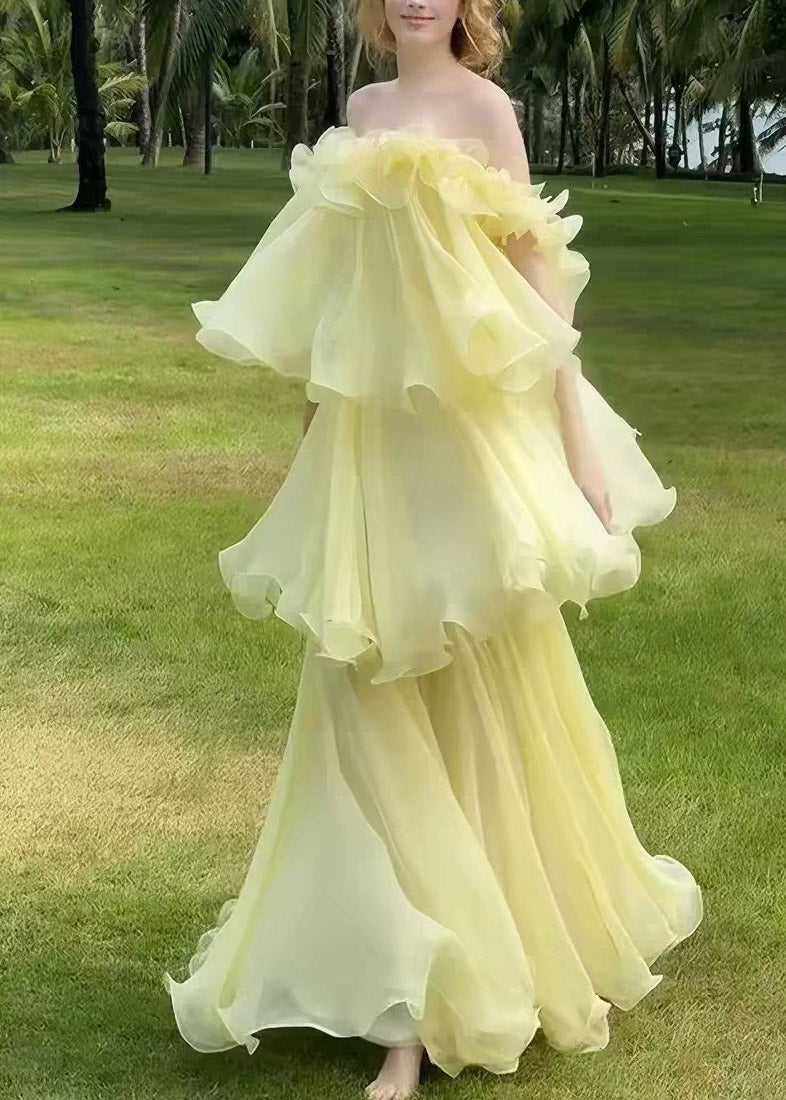 Cute Yellow Slash Neck Ruffled Patchwork Tulle Maxi Dress Sleeveless