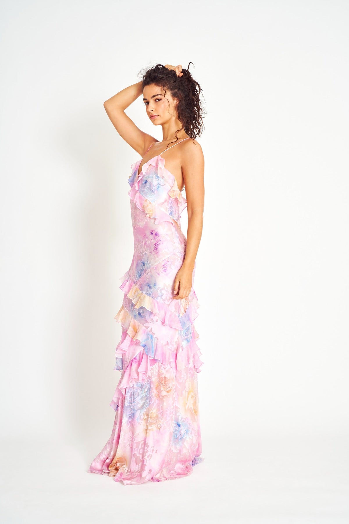 Scoop Neck Floral Chiffon Cascading Ruffle Bias Maxi Dress