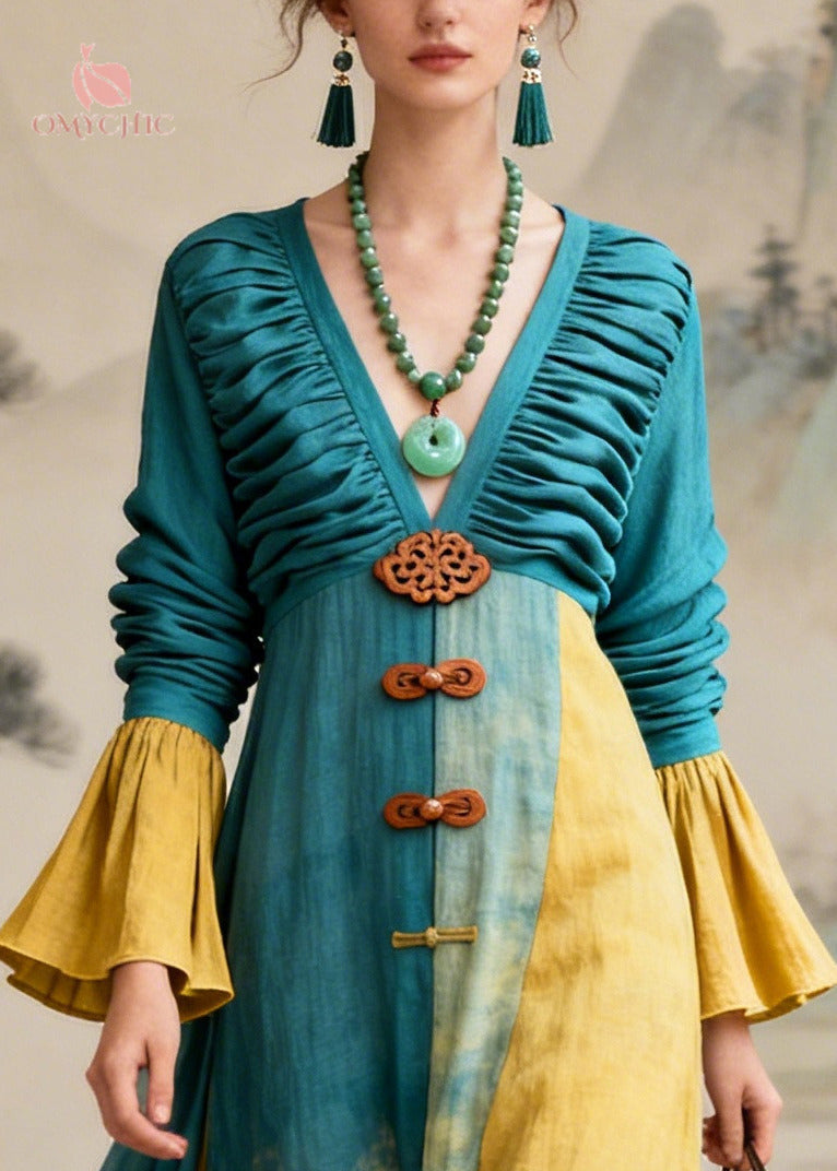 DIY Blue Tie Dye Patchwork Wrinkled Cotton Robe Dresses Flare Sleeve