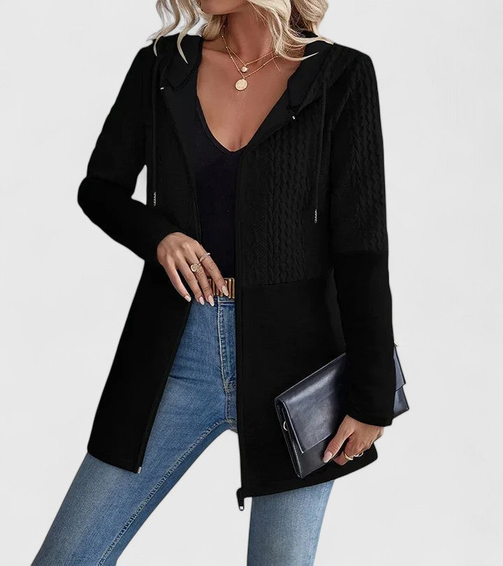 Hooded Zip Front Cable Knit Longline Jacket