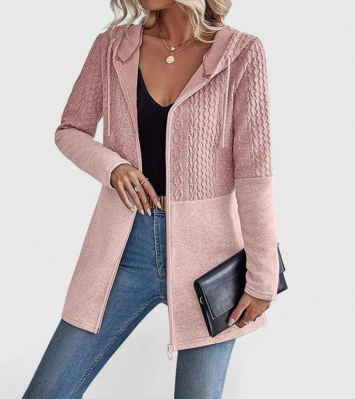 Hooded Zip Front Cable Knit Longline Jacket
