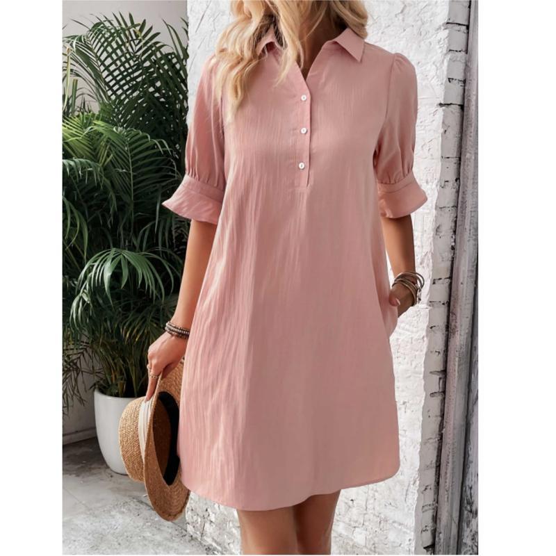 Collared Half Button Roll Sleeve Pocket Shift Mini Dress 5
