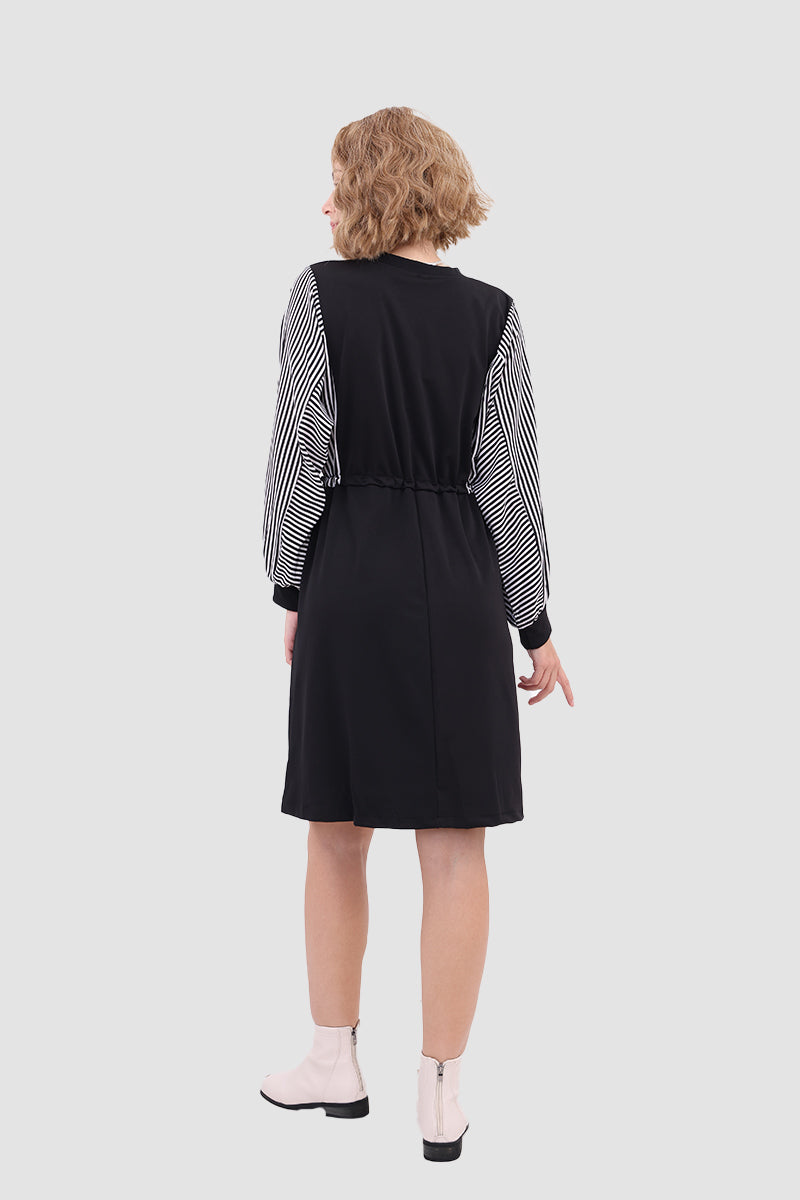 Long Sleeve Dress With Drawstring Waist Black / L Midi Dresses