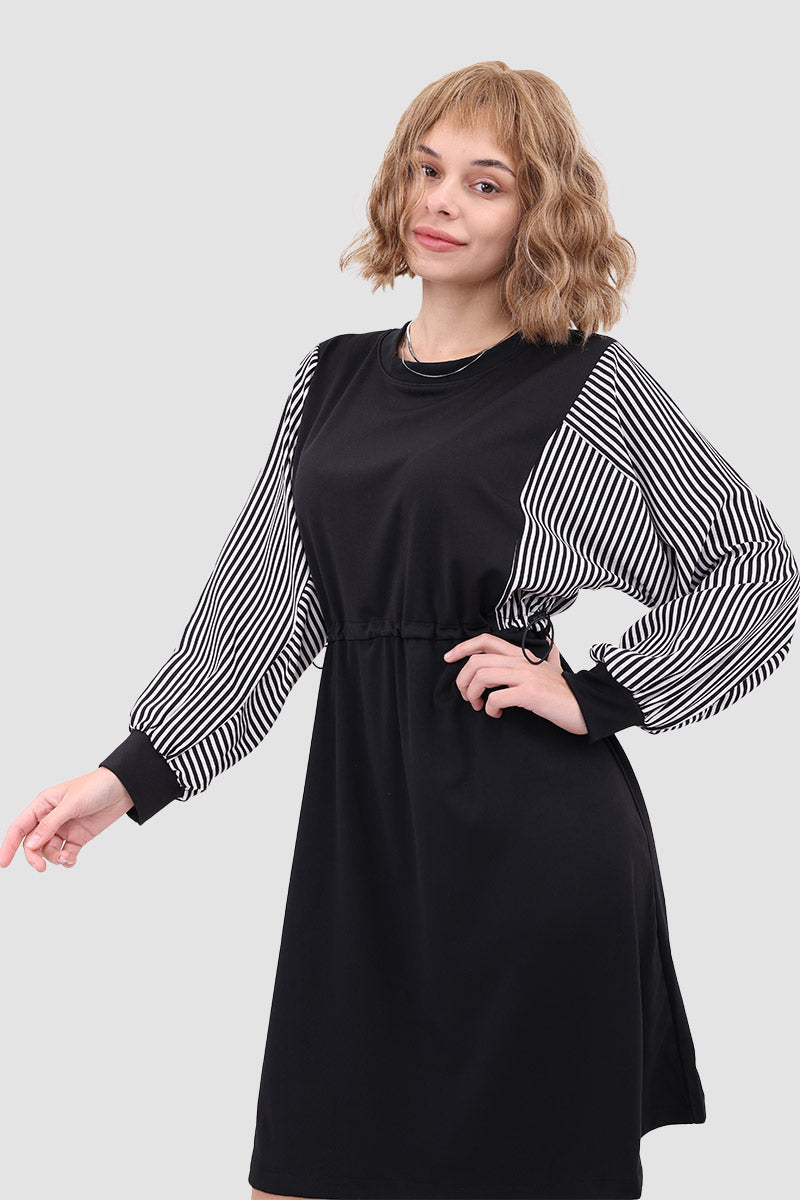 Long Sleeve Dress With Drawstring Waist Black / Xl Midi Dresses