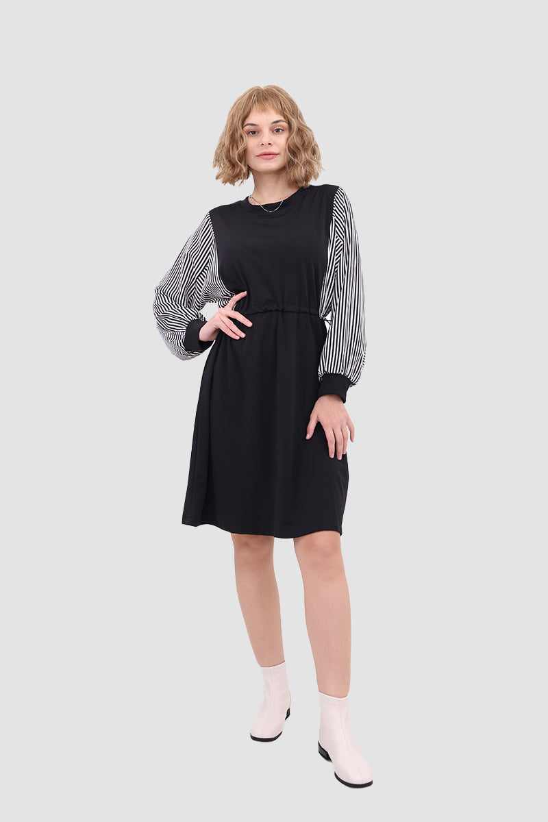 Long Sleeve Dress With Drawstring Waist Black / M Midi Dresses