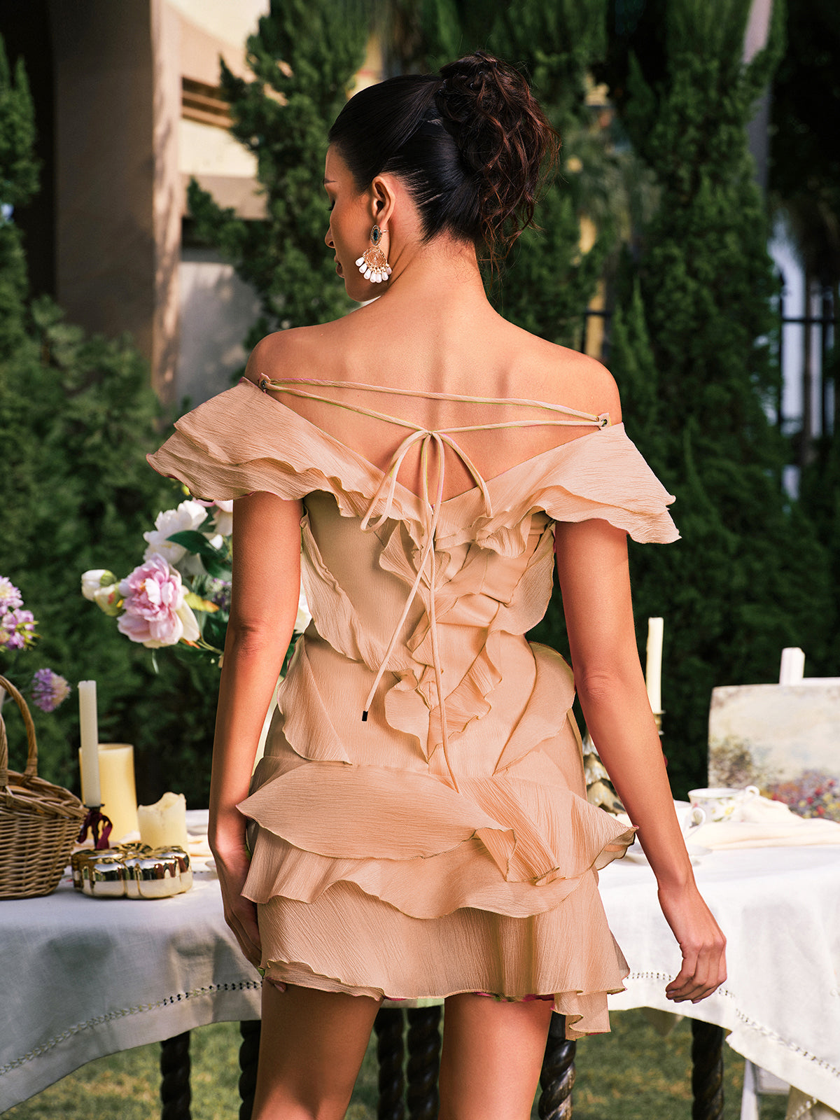 V Neck Ruffle Mini Dress In Champagne