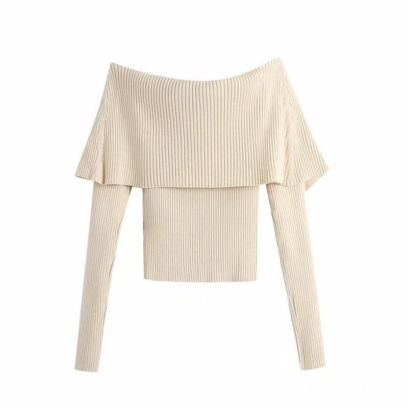 Khaki Off-Shoulder Foldover Long Sleeve Ribbed Knit Sweater