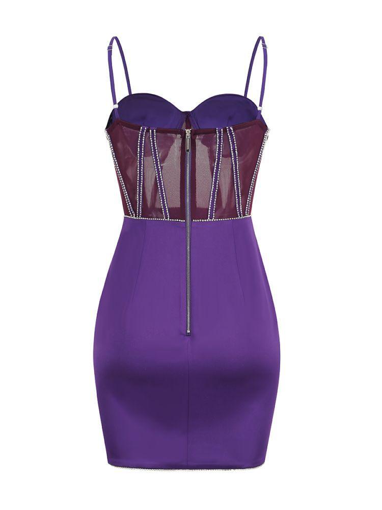 Spaghetti Strap Rhinestone Corset Bustier Sheer Panel Satin Mini Dress