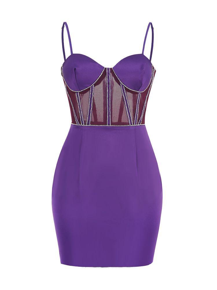 Spaghetti Strap Rhinestone Corset Bustier Sheer Panel Satin Mini Dress