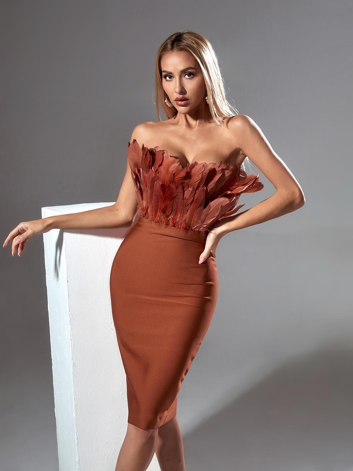 Strapless Feather Trim Bandage Bodycon Midi Dress
