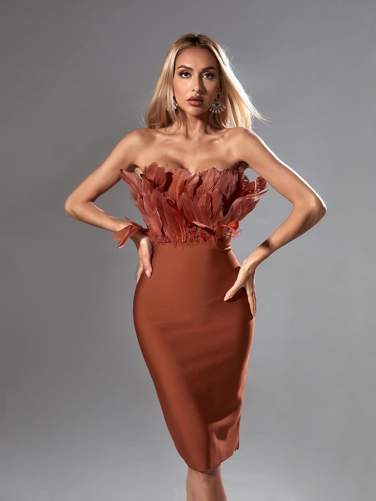 Strapless Feather Trim Bandage Bodycon Midi Dress