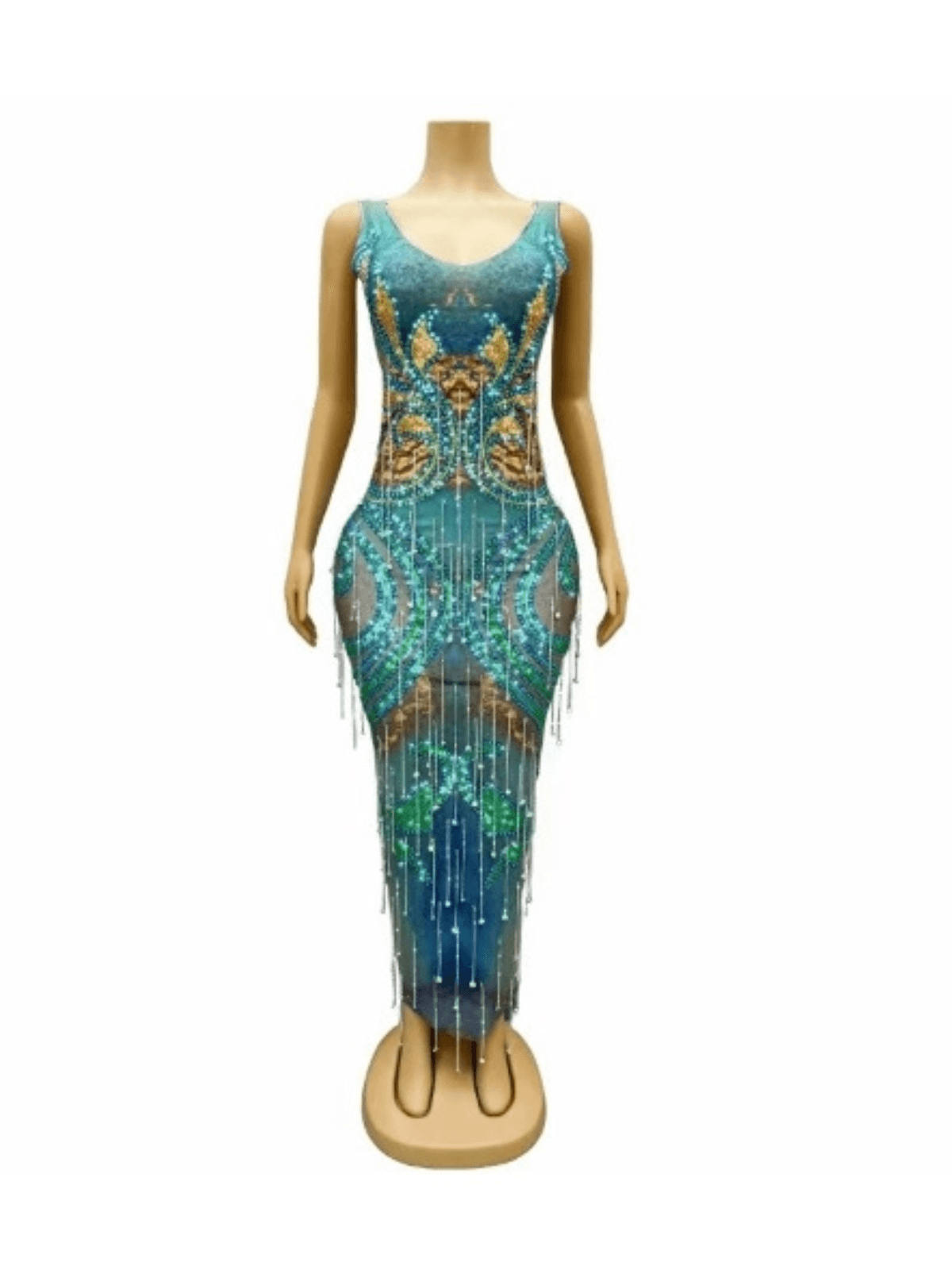 Print Crystal Fringe Maxi Dress