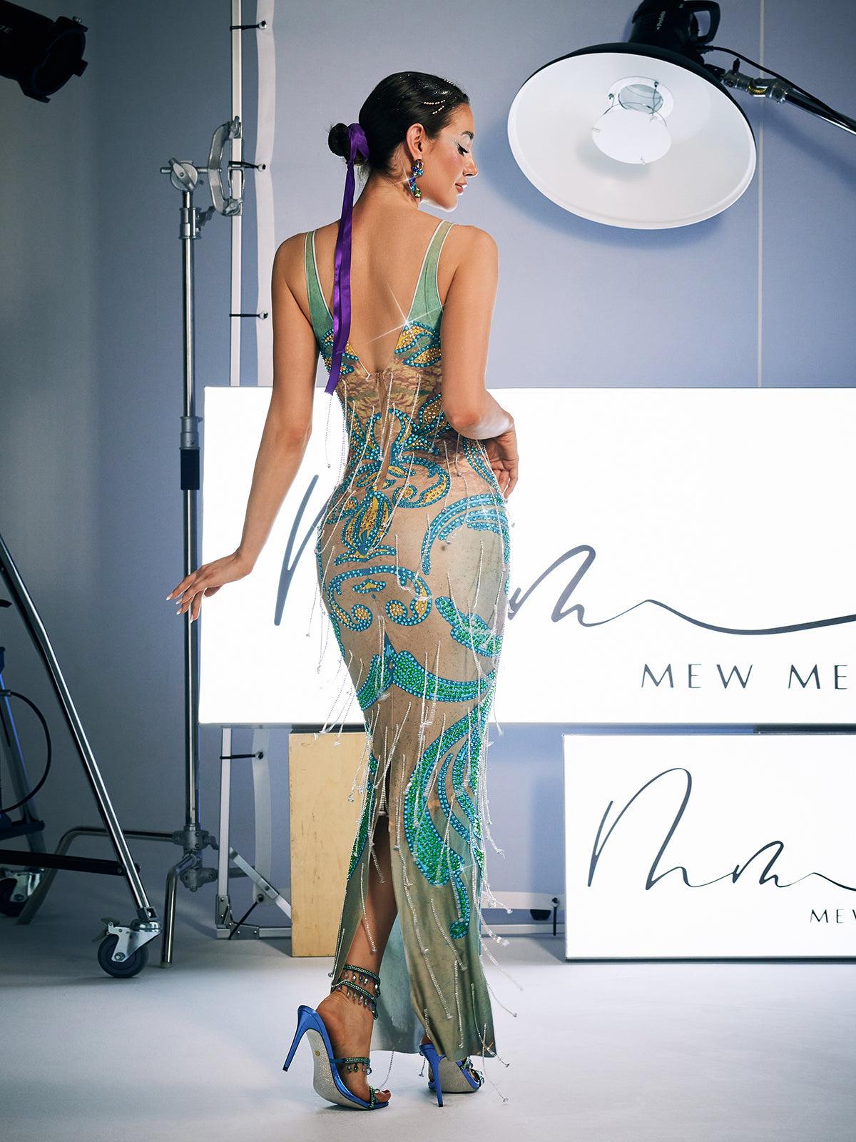 Print Crystal Fringe Maxi Dress