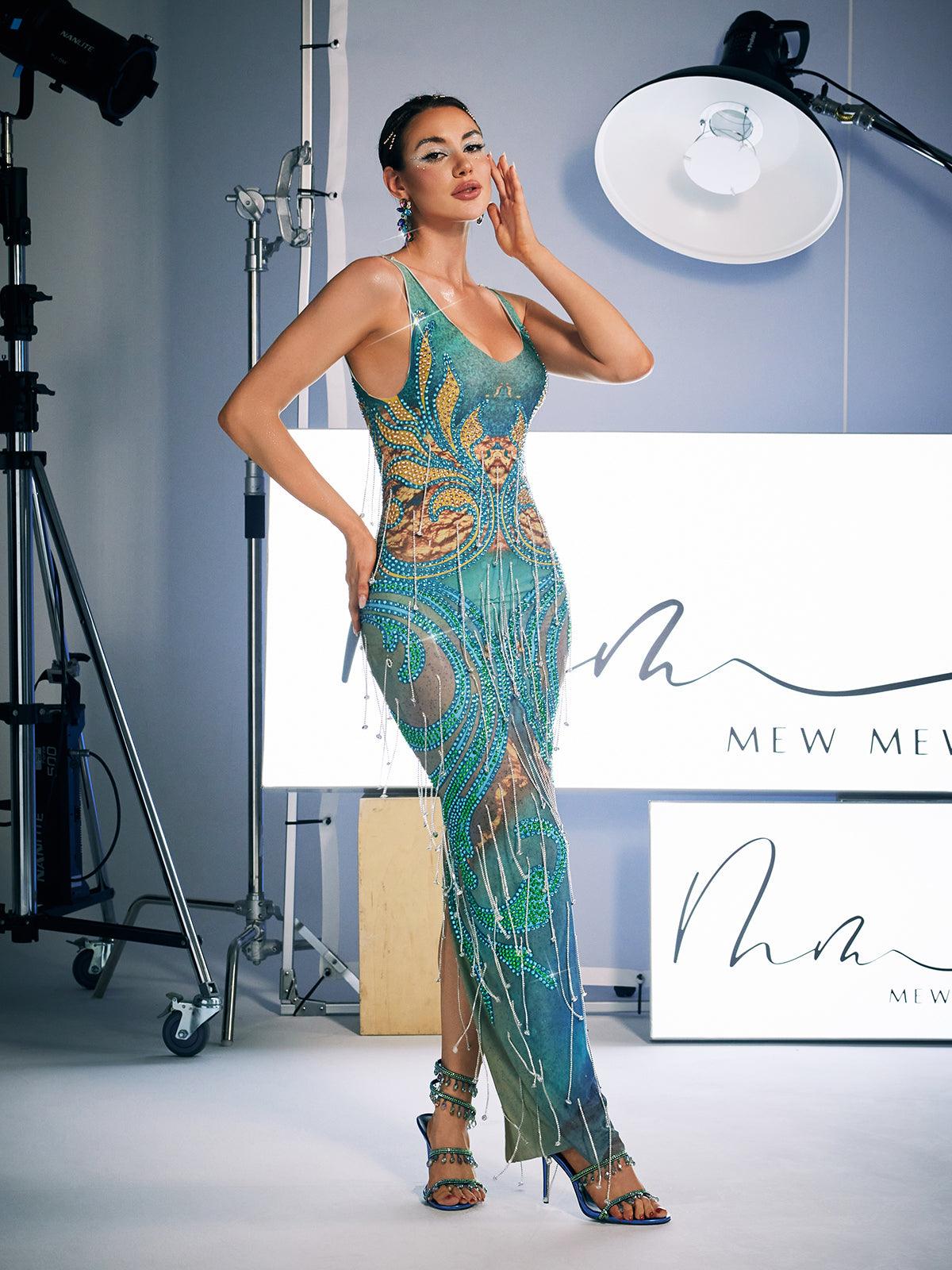 Print Crystal Fringe Maxi Dress