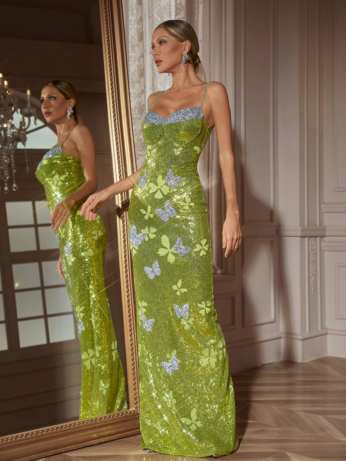 Butterfly Rhinestone Sequin  Maxi Dress