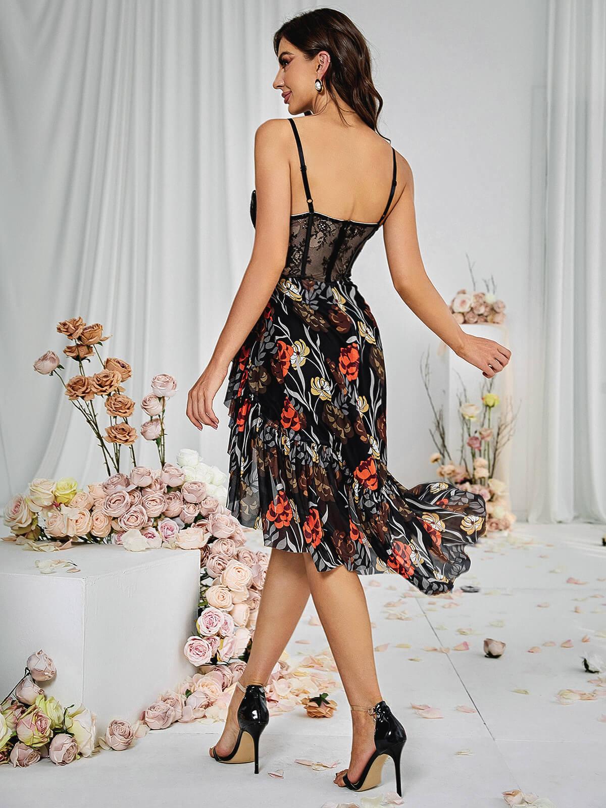 Spaghetti Strap Lace Corset Floral Print Ruffle High-Low Midi Dress