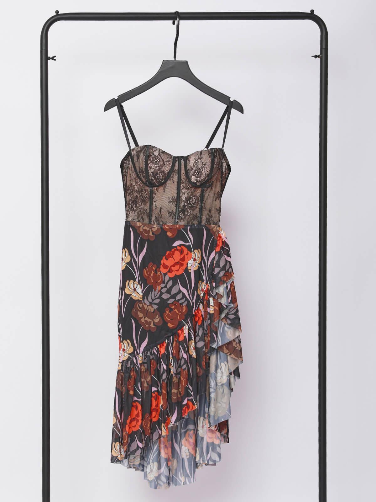 Spaghetti Strap Lace Corset Floral Print Ruffle High-Low Midi Dress