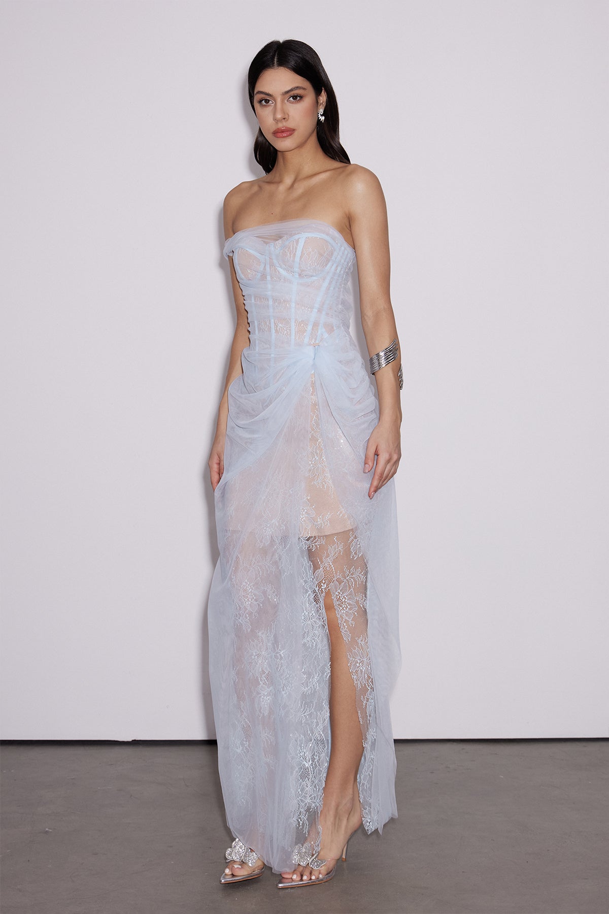 Dechen One Shoulder Corset Mesh Maxi Dress In Blue