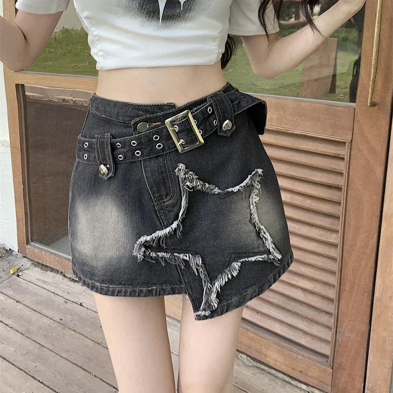 Vintage Black Mini Irregular Belt Retro Skirt / S