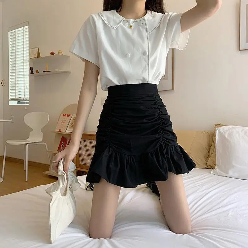Ruffle Sweet Mini Skirt White A-Line Solid Cute Black / S