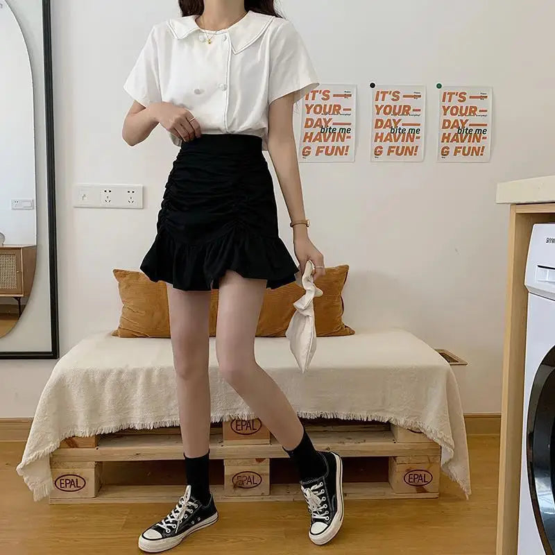 Ruffle Sweet Mini Skirt White A-line Solid Cute Skirt