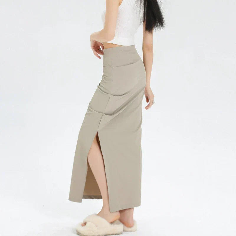 Slit Pleated Solid Long Skirt Vintage Korean Casual Skirt