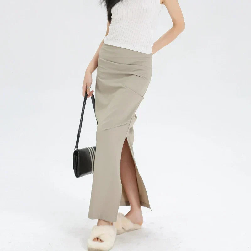 Slit Pleated Solid Long Skirt Vintage Korean Casual Skirt