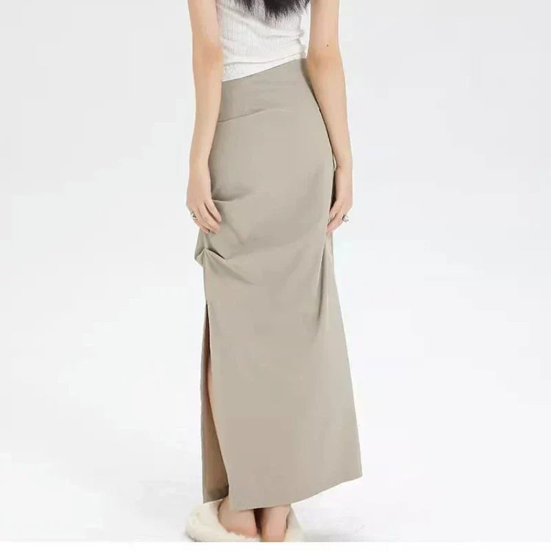 Slit Pleated Solid Long Skirt Vintage Korean Casual Skirt