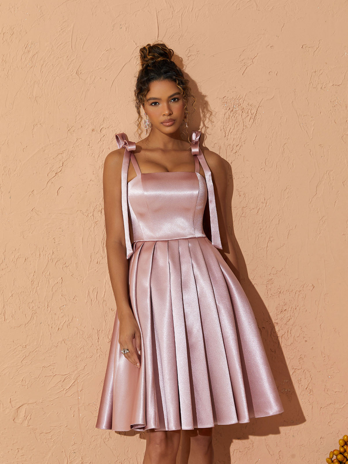 Square Neck Tie Strap Satin Pleated A-Line Mini Dress