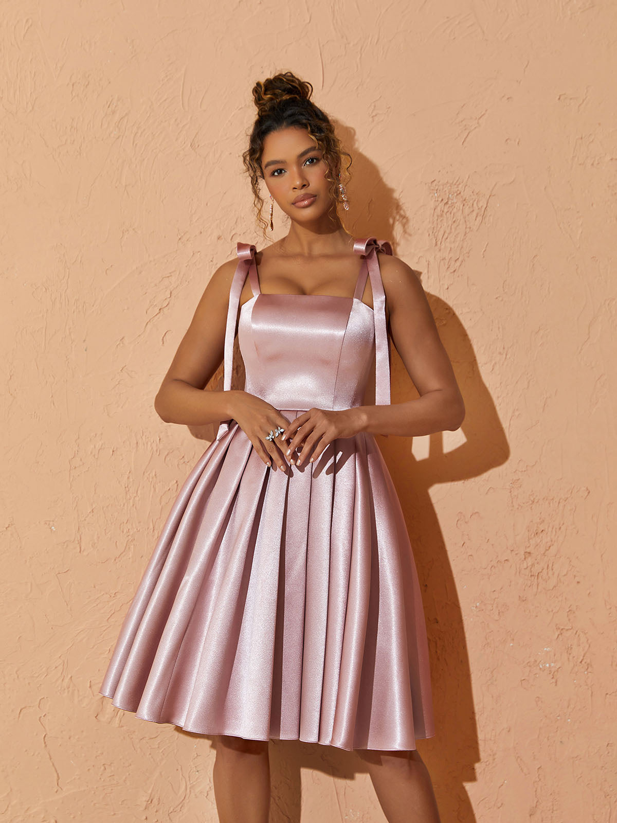 Square Neck Tie Strap Satin Pleated A-Line Mini Dress