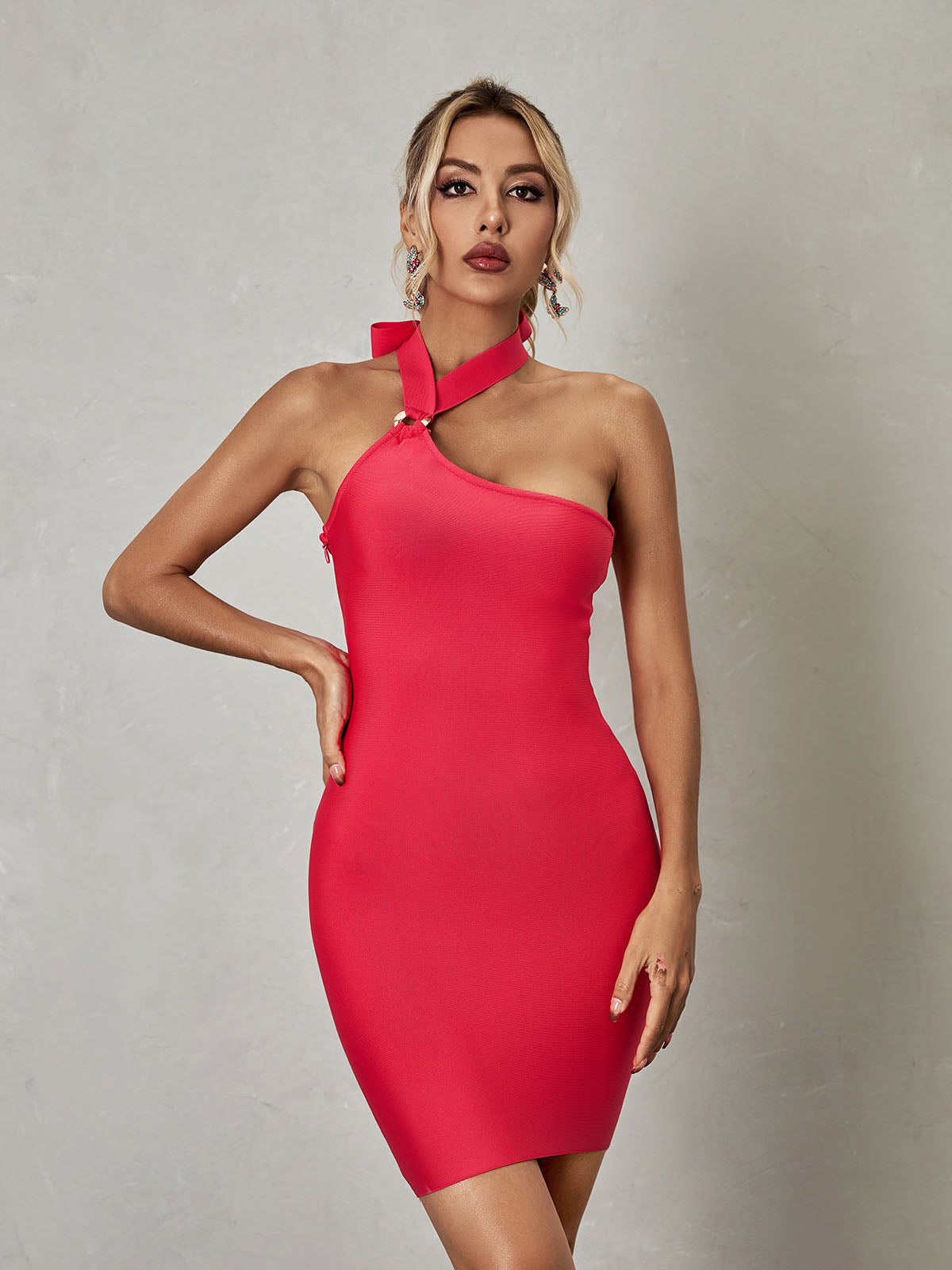 Halter One Shoulder Asymmetric Bandage Bodycon Mini Dress