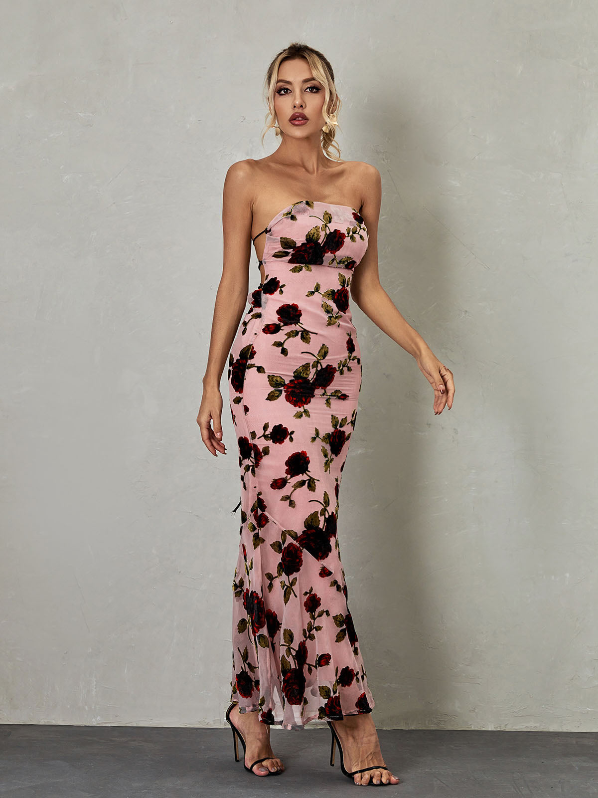 Spaghetti Strap Ruffle Neck Rose Floral Mesh Bodycon Maxi Dress