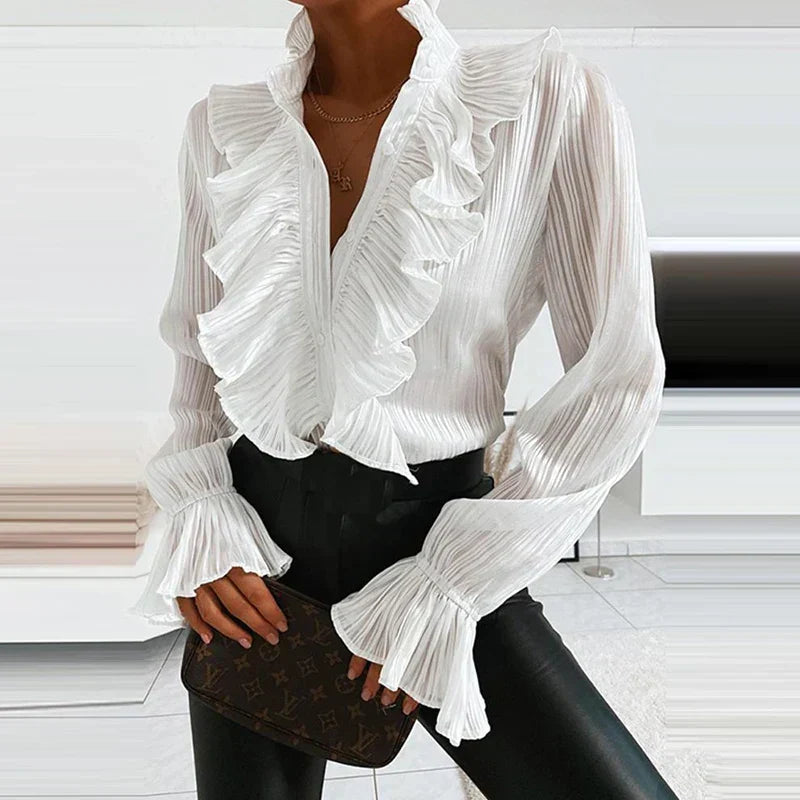 Denim Ruffled V Neck Pleated Blouse WHITE / S blouse-250126