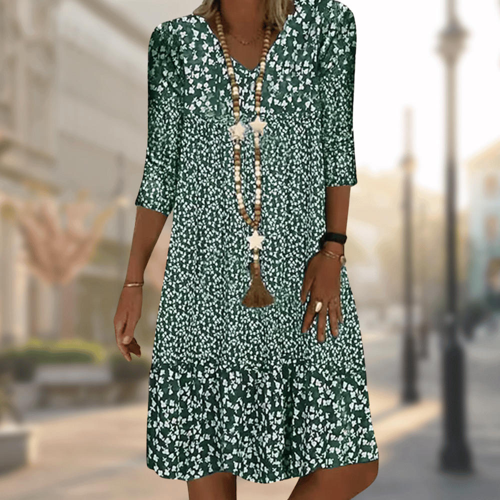 V-Neck Ditsy Floral Three-Quarter Sleeve Tiered Shift Midi Dress