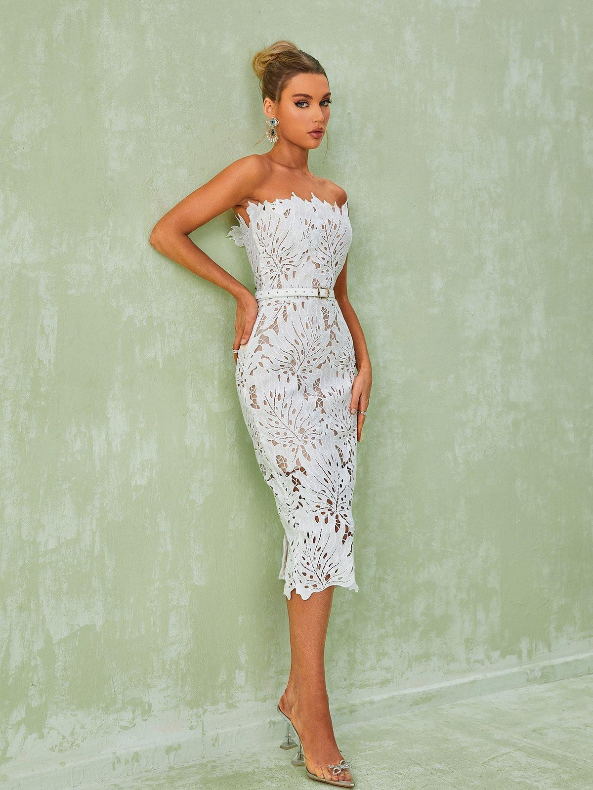 Strapless Crochet Lace Belted Bodycon Midi Dress