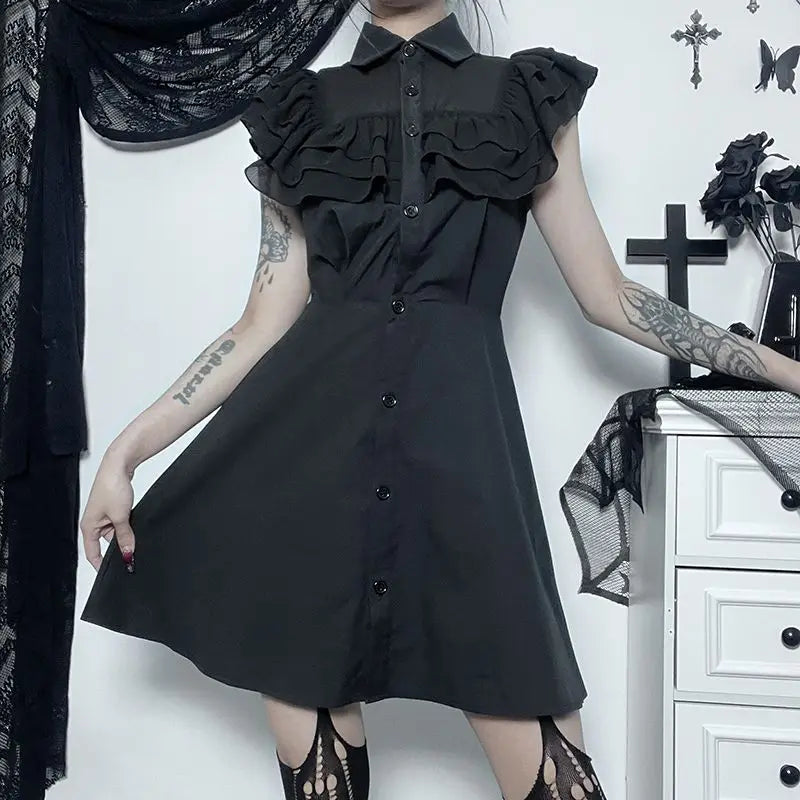 Gothic Ruffled Lower Back Mesh Yarn Hottie Aline Small Black Pleated Gothic Dress