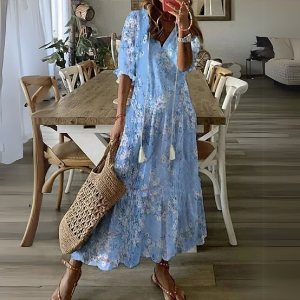 V-Neck Ikat Print Tassel Tie Tiered Boho Maxi Dress
