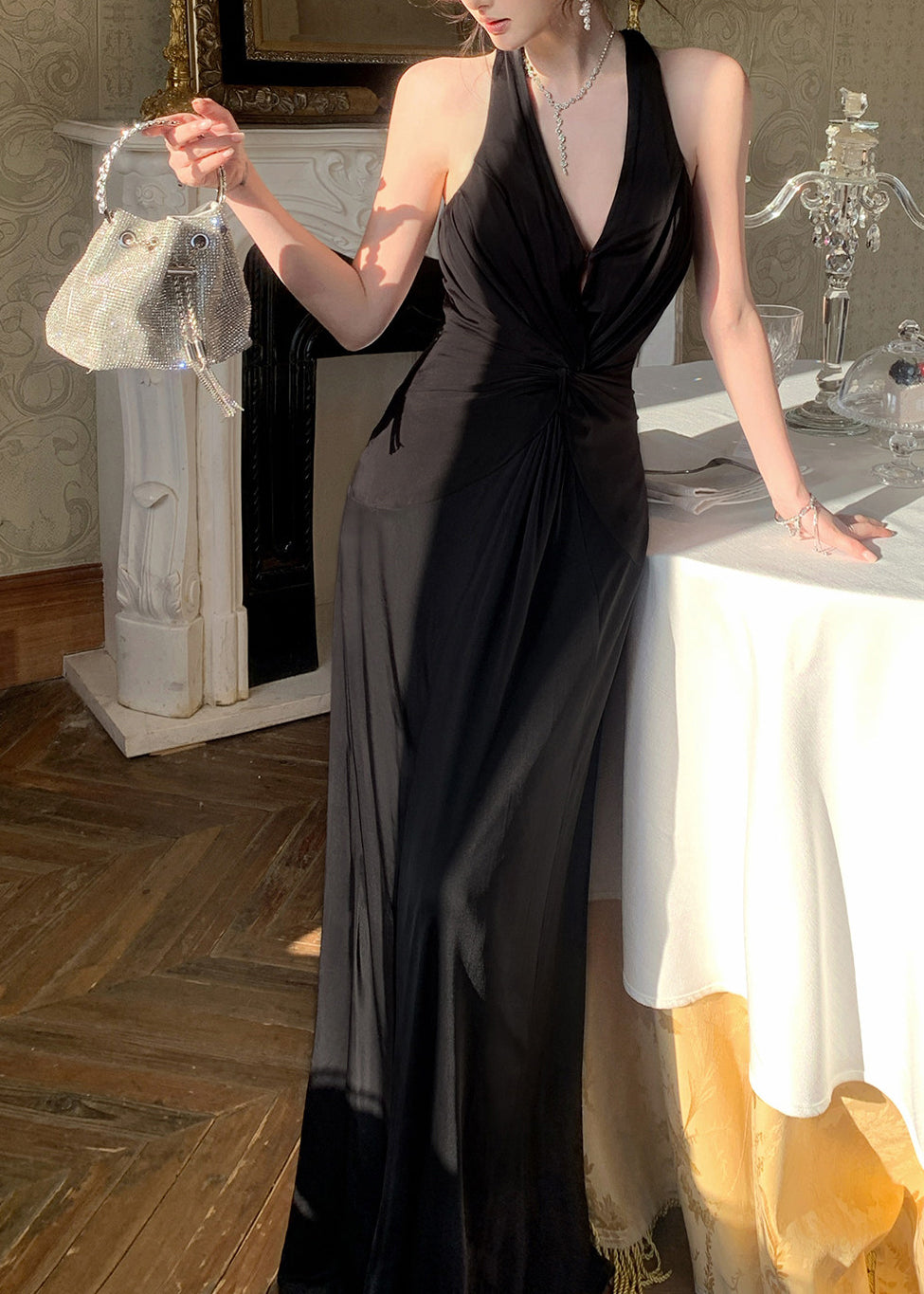 Dinner Black Halter Cinched Vacation Maxi Dresses Summer