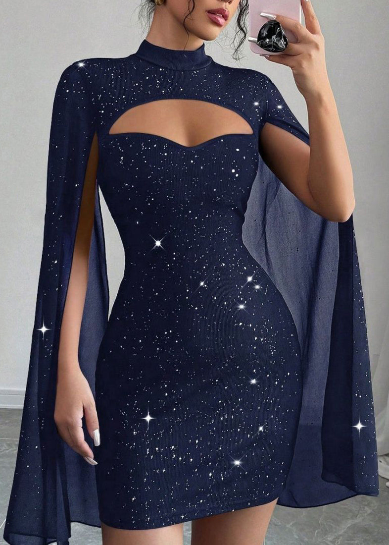 Dinner Red Stand Collar Sequins Patchwork Vacation Mid Cape Dresses Summer