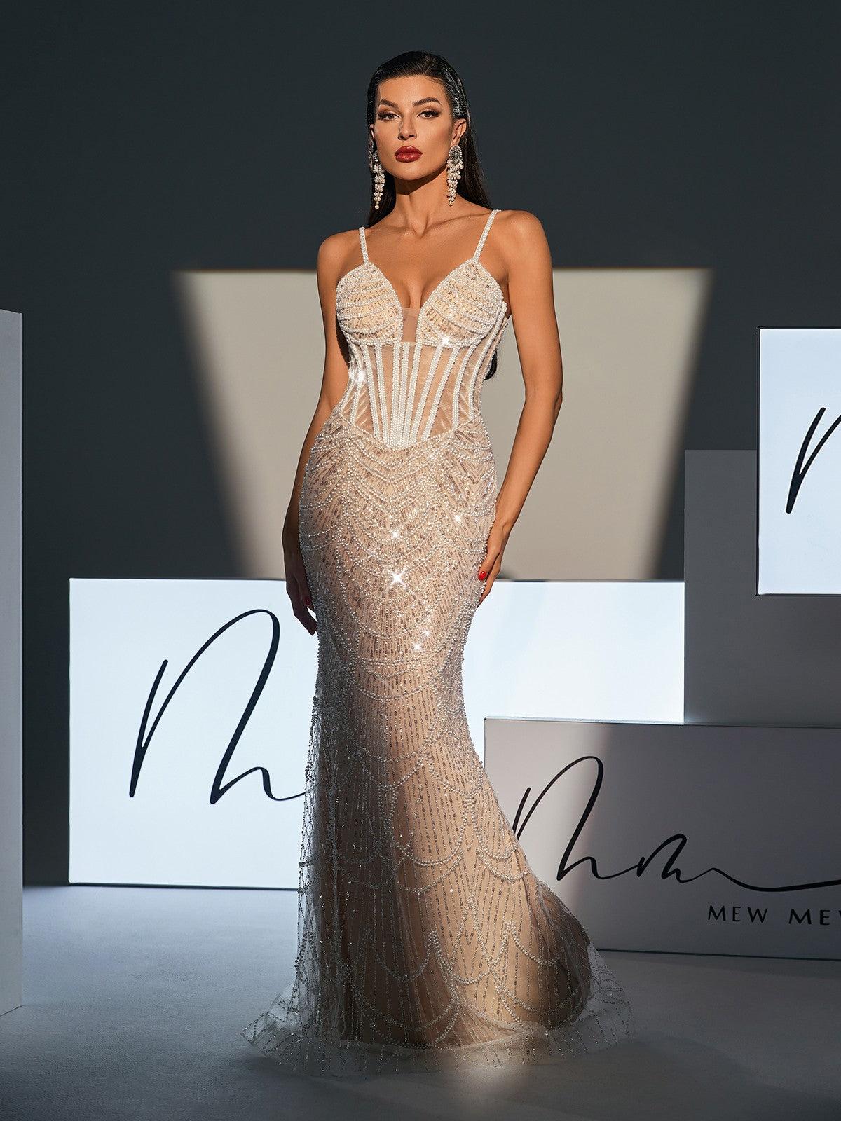 Spaghetti Pearl Embellished Sequin Dress