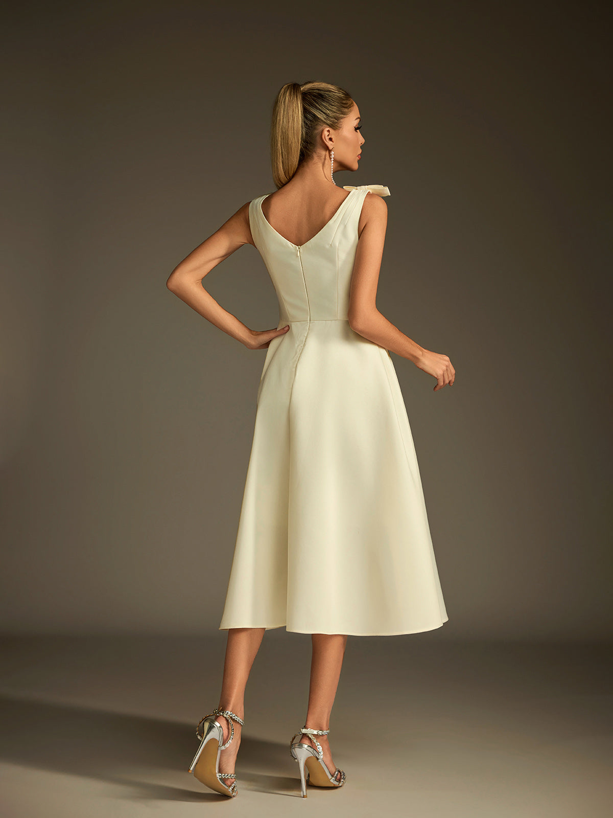 V Neck Bow Button Up Midi Dress
