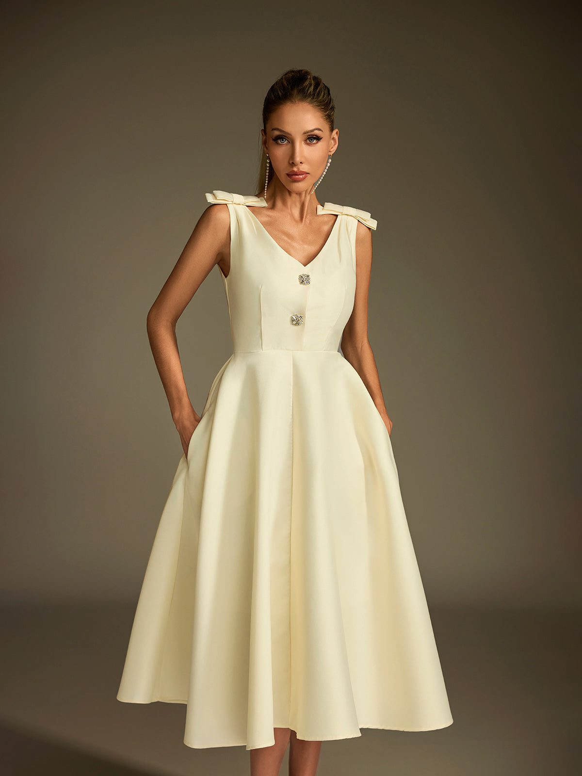 V Neck Bow Button Up Midi Dress