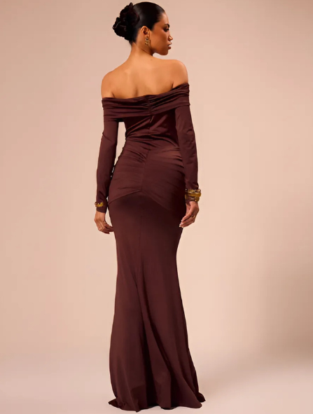 Brown 13 Off-Shoulder Long Sleeve Twist Front Mermaid Maxi Gown